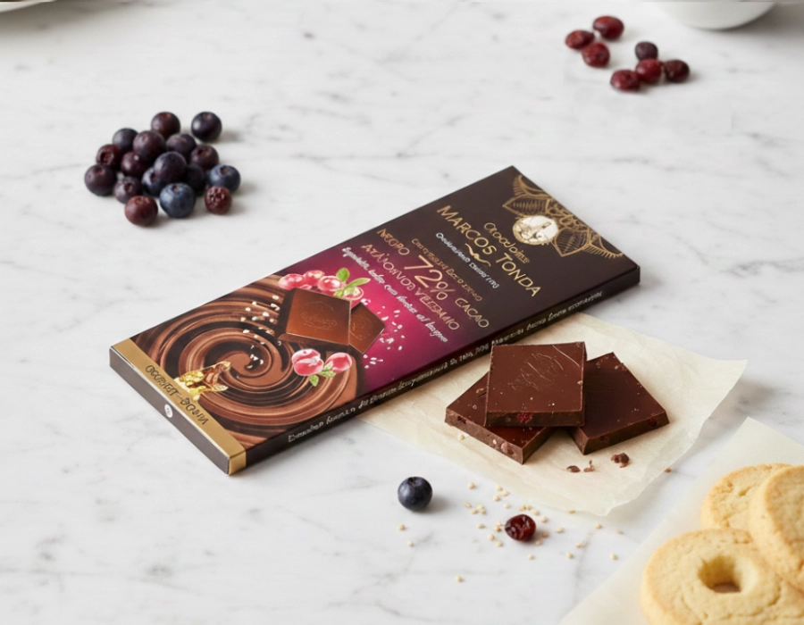 Gourmet pure chocolade Boama met blauwe bessen en sesam
